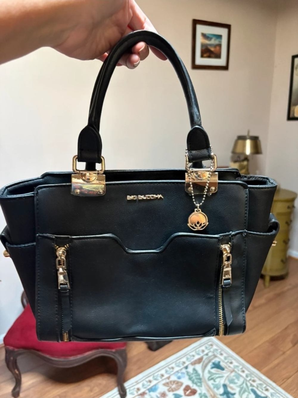 Big Buddha Black Handbag with Gold Hardware - Chic Structured Tote